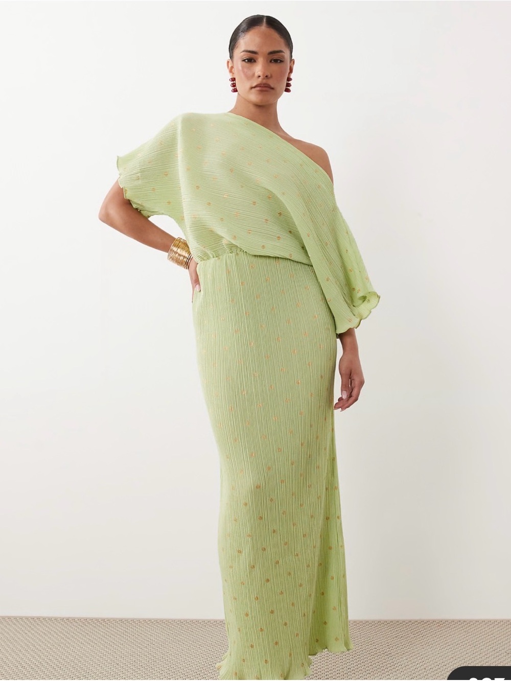 Never Fully Dressed One-Shoulder Light Green Maxi Dress with Gold Flecks